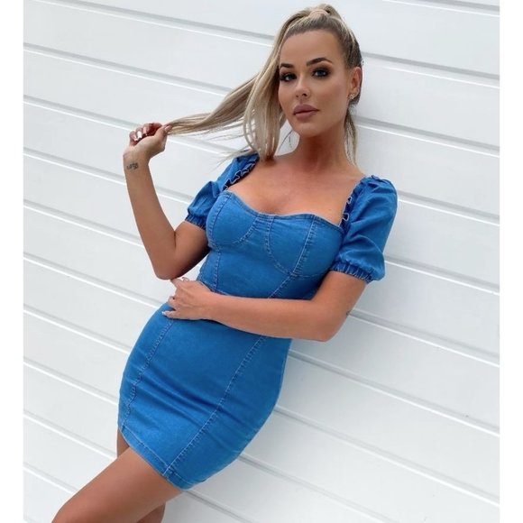 Blue Denim Jeans Short Sleeve Bodycon Mini Dress - Picture 14 of 15